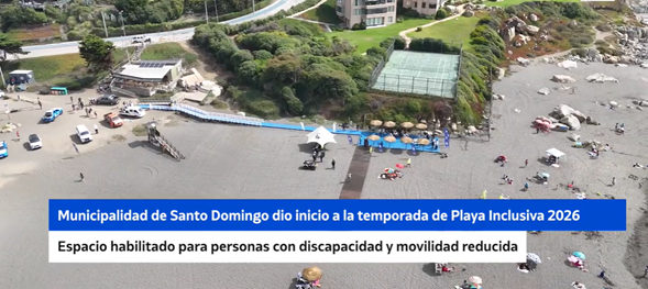 Vista desde altura de una playa donde se ve una pasarela azul que conecta desde el camino de acceso hasta un sector de permanencia con quitasoles