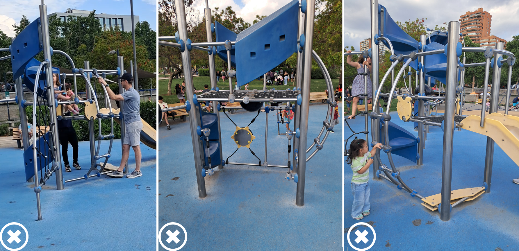 3 fotos muestran el mismo juego desde diferentes ángulos. Trata de un juego de escaleras curvas, plataforma superior de malla, fierros para trepar y un resfalín. Están marcadas con una cruz