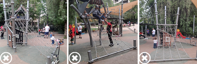 Tres fotos muestran un juego con redes para trepar y un puente en la parte superior que une los extremos del juego