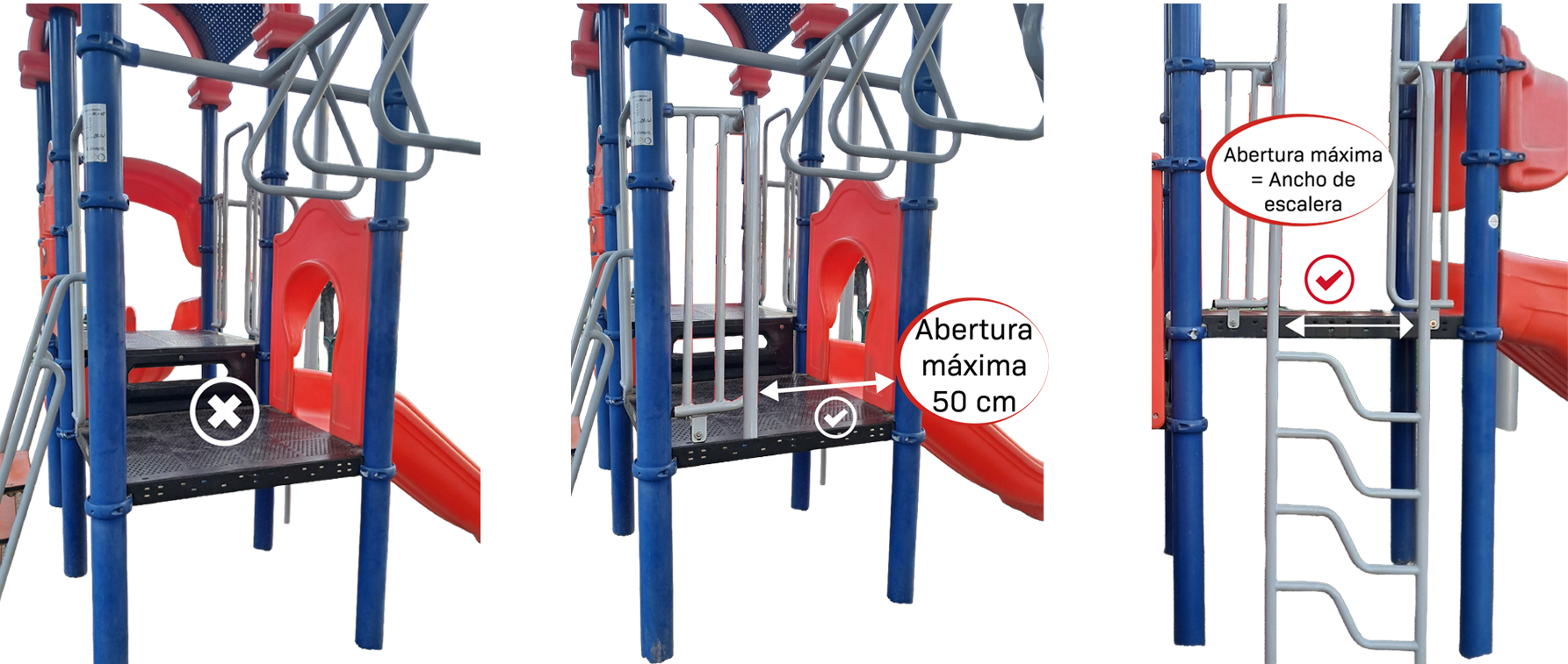 Tres fotos muestran una plataforma de juego infantil ubicada en altura donde se muestra la abertura máxima de 50 cm de ancho que debe tener como protección ante caóidas