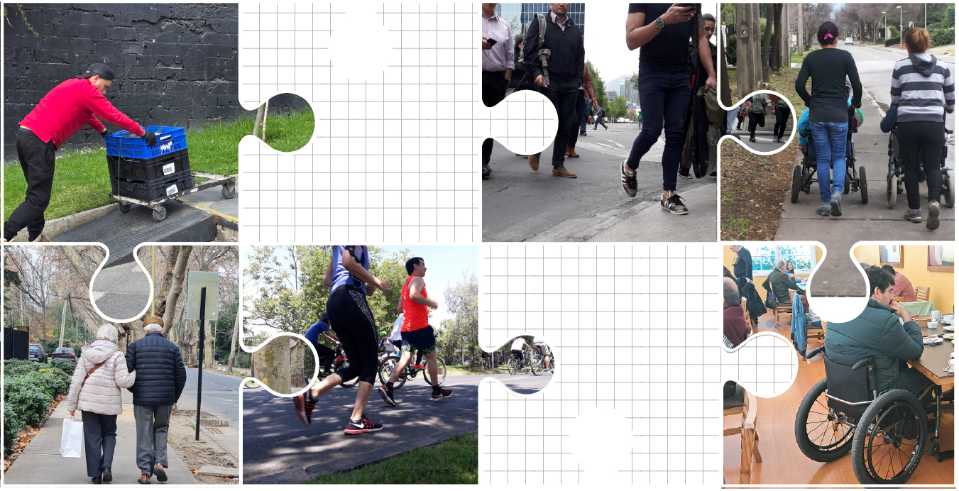 Serie de 6 pequeñas fotos mostrando diferentes personas como mayores, mujeres con coches, joven en silla de rueda y uno transportando una caja por una rampa.
