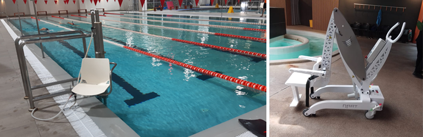 dos fotos muestran elevadores de piscina para acceder al agua desde un asiento. Uno es fijo instalado al borde de la piscina y el otro es móvil para servir en diferentes piscinas del lugar.