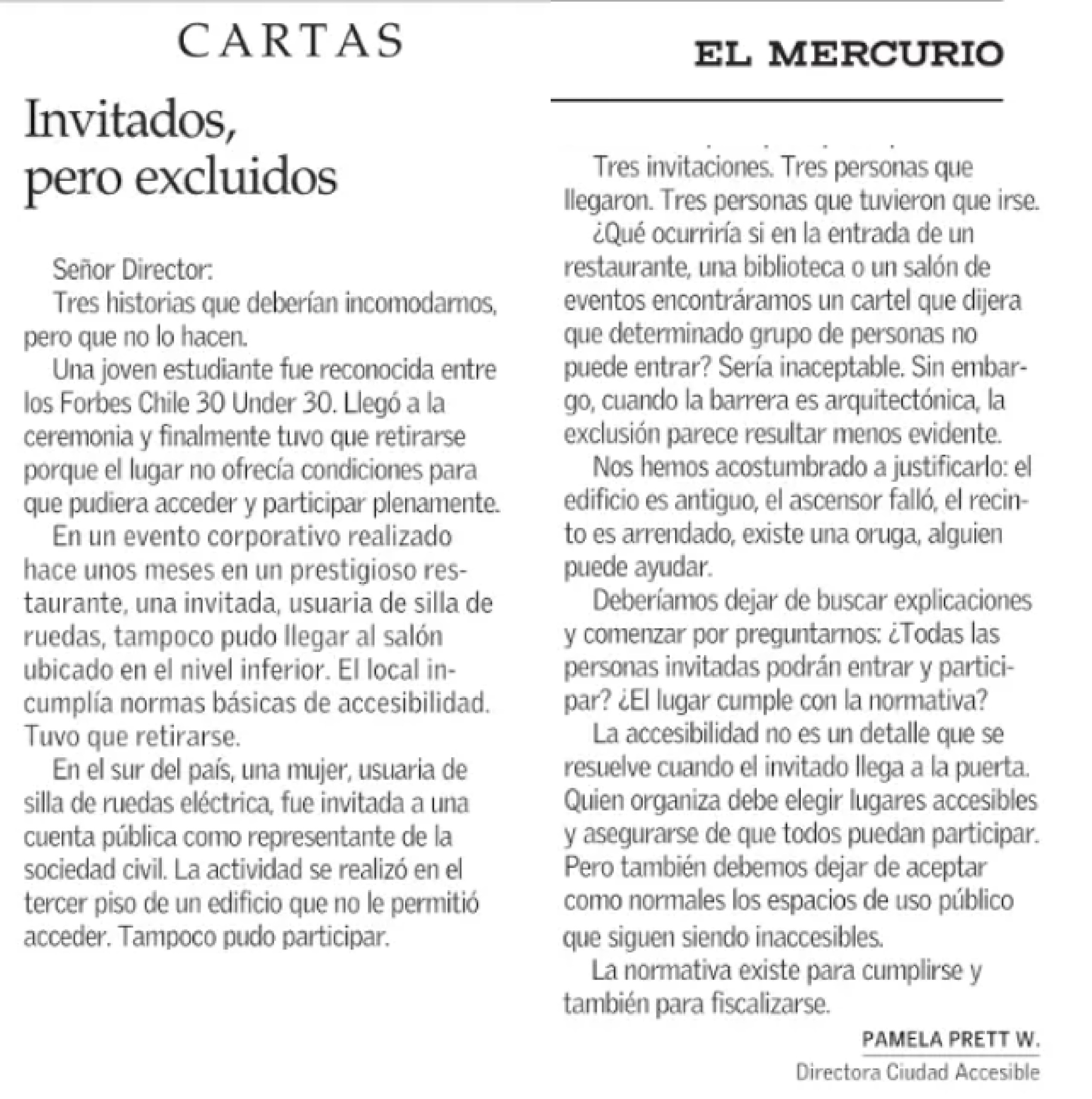 carta publicada en El Mercurio titulada Invitados pero excluidos