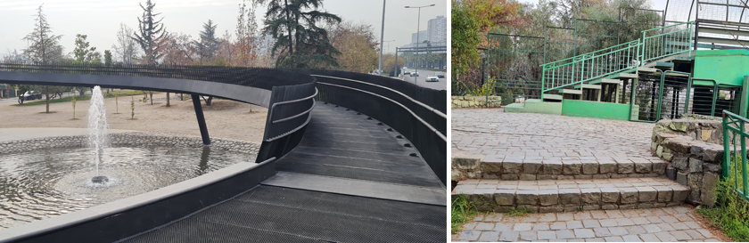 Dos fotos, en una la rampa curva y de suave pendiente del lado de Vitacura y la otra muestra la escalera y ruta de peldaños y adoquines por el lado de Las Condes