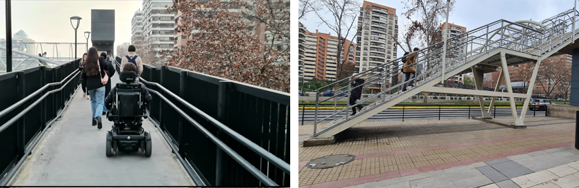 Dos fotos, una muestra a un joven en silla de ruedas subiendo por la rampa y la otra a dos personas subiendo por la escalera del otro extremos de la pasarela