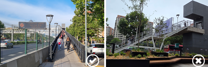 Dos fotos muestran en una a muchas personas bajando por la rampa del lado de Vitacura y la otra con una cruz muestra la escalera y ascensor por el lado de Las Condes