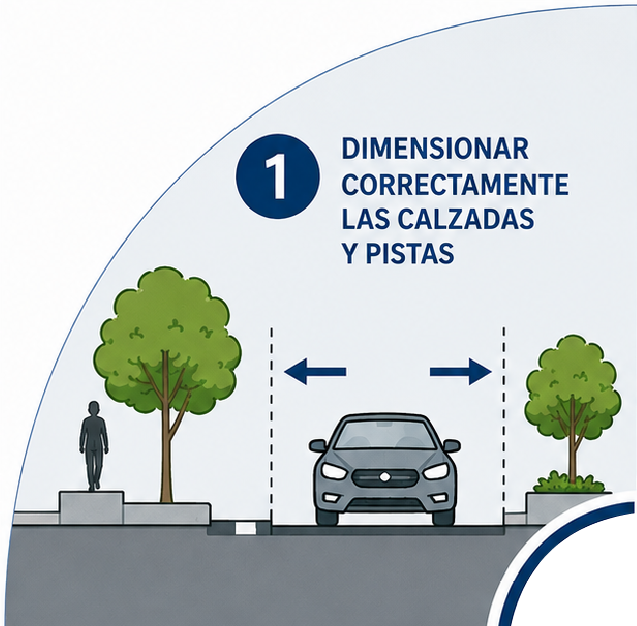 Ilustración frontal de una calle arbolada con un automóvil y flechas que muestran el ancho ajustado de la pista para evitar velocidades excesivas.