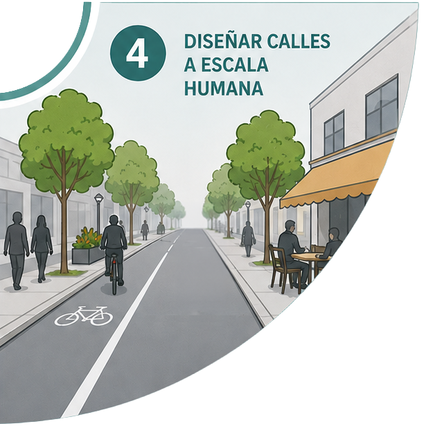 Ilustración de una calle arbolada con veredas, ciclovía, peatones, ciclista, comercio y personas sentadas en una terraza.