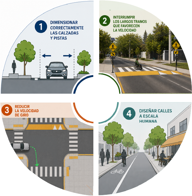 Infografía circular con cuatro medidas de diseño urbano para calles más seguras: dimensionar correctamente calzadas y pistas, interrumpir tramos largos que favorecen la velocidad, reducir la velocidad de giro en intersecciones y diseñar calles a escala humana, priorizando la seguridad y comodidad de peatones y ciclistas.